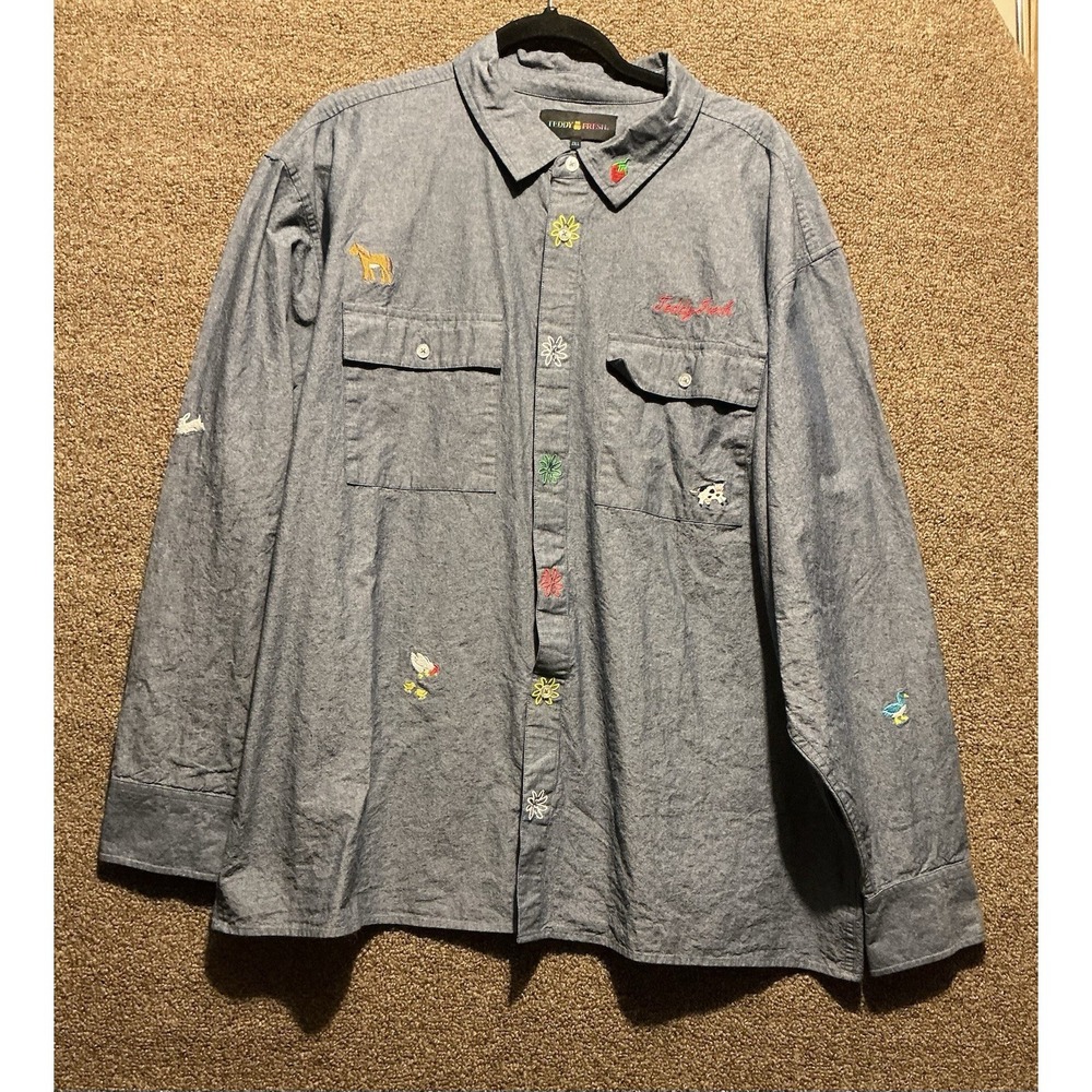 Teddy Fresh‎ Long Sleeve Blue Shirt SAMPLE 2XL Cottagecore Embroidered Farm